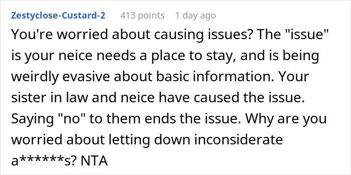 A screenshot of a Reddit comment discussing issues for the couple housing their niece. A screenshot of a Reddit comment discussing issues for the couple housing their niece.