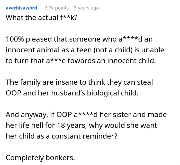 A comment from averbisaword expressing shock and relief that the toxic sister is infertile. A comment from averbisaword expressing shock and relief that the toxic sister is infertile.