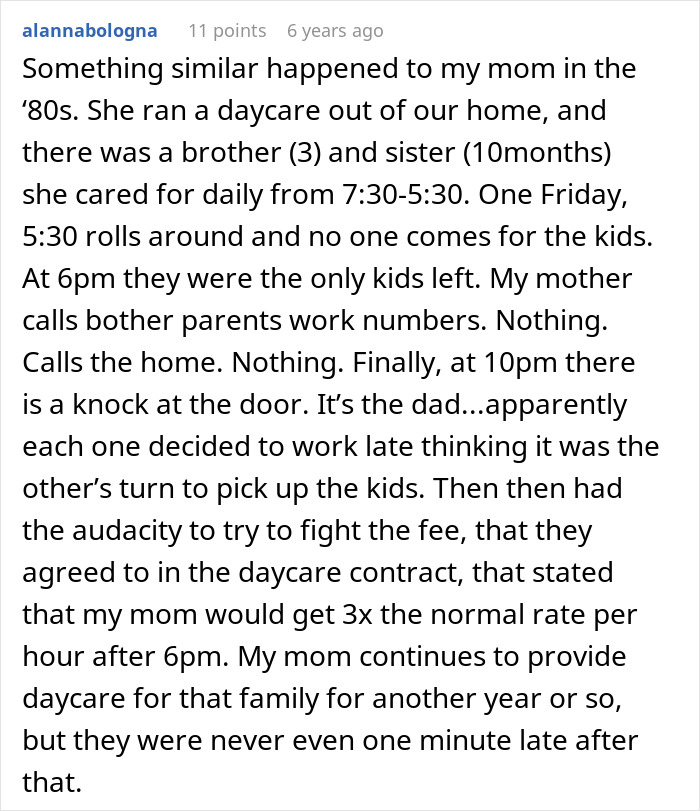 A Reddit post from alannabologna detailing an entitled parent being late to pick up their kids from a nanny.
