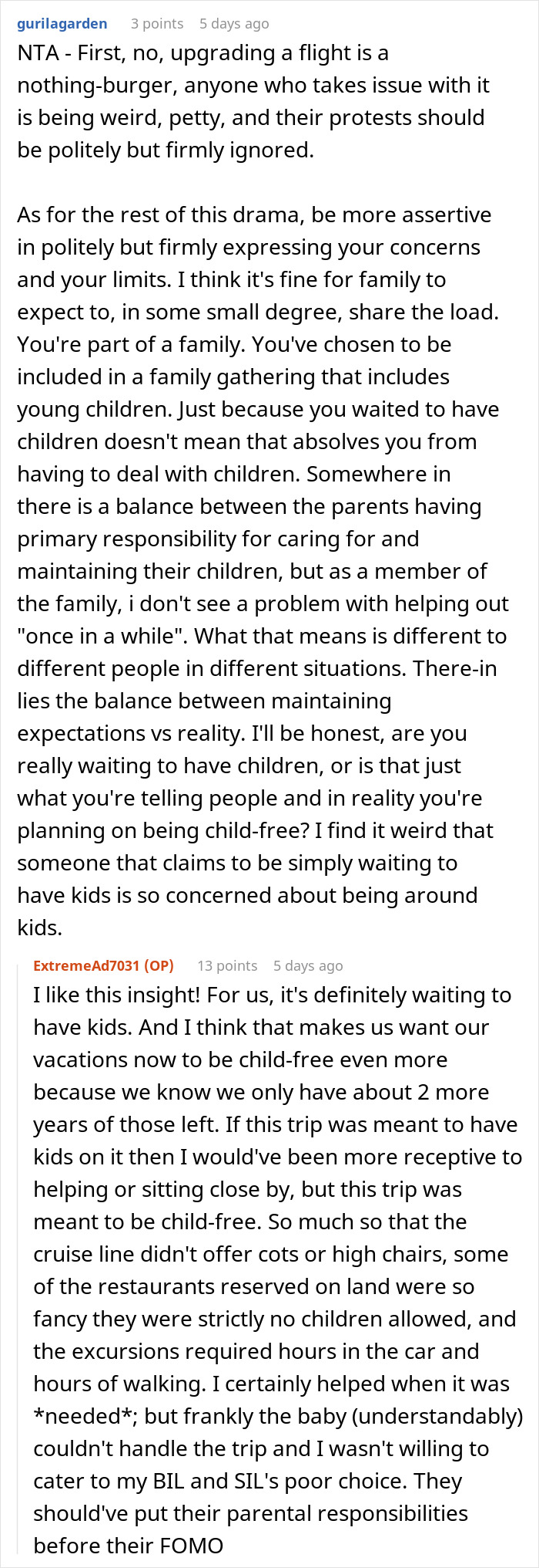 A lengthy Reddit comment discussing family dynamics and expectations during a family trip, after flight upgrades, involving MIL and SIL. A lengthy Reddit comment discussing family dynamics and expectations during a family trip, after flight upgrades, involving MIL and SIL.