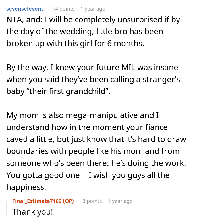 A screenshot of Reddit comments discussing a wedding dispute and the in-laws' request tearing the family apart. A screenshot of Reddit comments discussing a wedding dispute and the in-laws' request tearing the family apart.