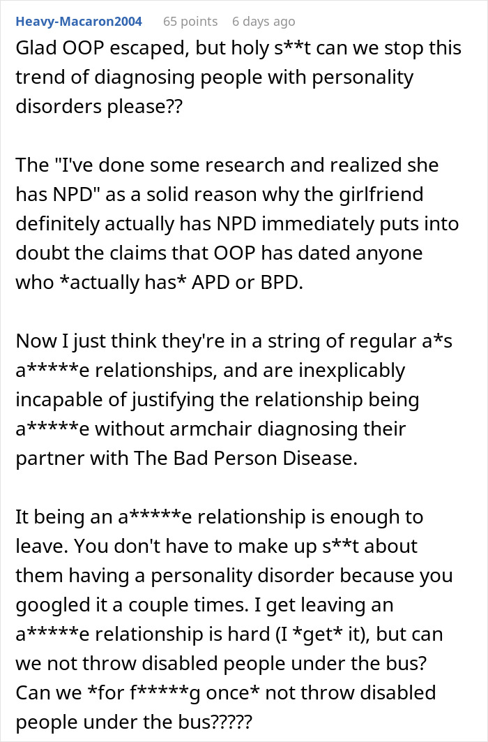 A comment on diagnosing personality disorders within relationships and red flags. A comment on diagnosing personality disorders within relationships and red flags.