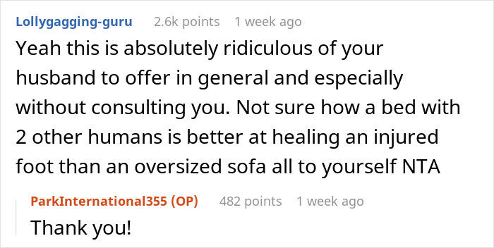 Reddit comment: user Lollygagging-guru calls husband's marital bed offer ridiculous, defending the wife from in-laws.