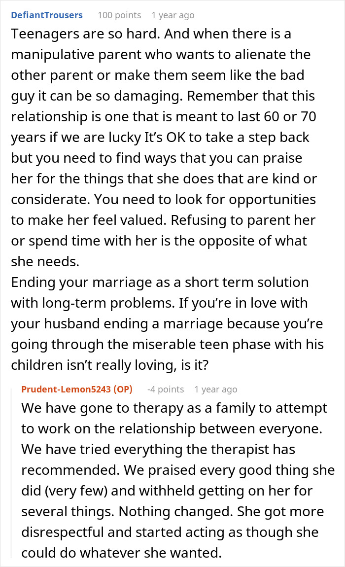 A screenshot of a Reddit comment discussing the challenges of teenagers and a woman's drama with her husband's kid. A screenshot of a Reddit comment discussing the challenges of teenagers and a woman's drama with her husband's kid.