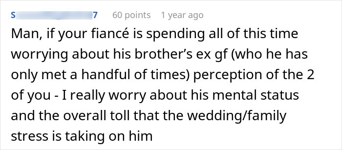 A comment on a wedding dispute, expressing worry about a fiancé's mental status due to wedding and family stress. A comment on a wedding dispute, expressing worry about a fiancé's mental status due to wedding and family stress.