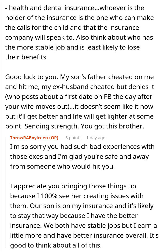 A screenshot of a Reddit thread discussing a wife who cheats on husband, then makes ludicrous demands during divorce. A screenshot of a Reddit thread discussing a wife who cheats on husband, then makes ludicrous demands during divorce.