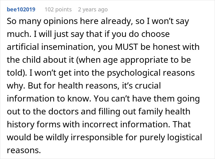 A comment on marriage, trying to conceive, and the importance of honesty about artificial insemination.