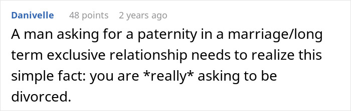 A comment on social media from Danivelle discussing a man asking for paternity in a marriage and driving a woman to leave her son. A comment on social media from Danivelle discussing a man asking for paternity in a marriage and driving a woman to leave her son.