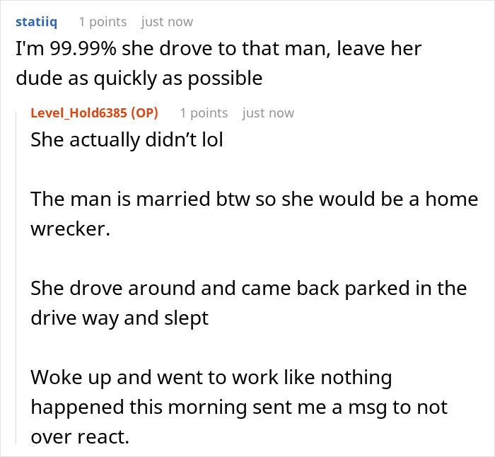 A screenshot of a discussion where a man is mourning his marriage, realizing his wife opened it to be with a colleague guilt-free.