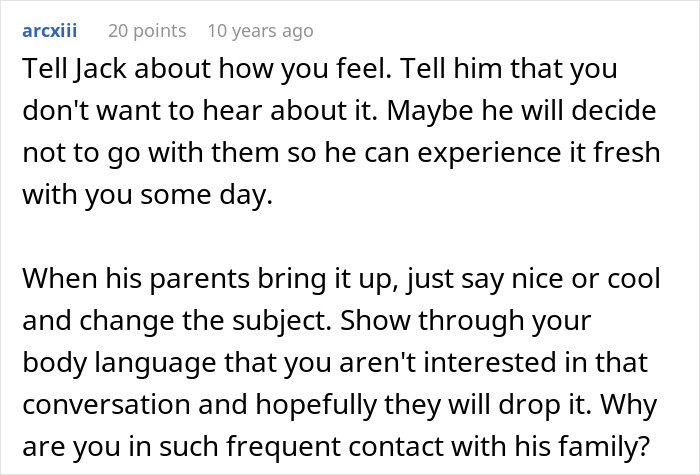 A screenshot of a Reddit comment section where a user suggests a woman talk to her boyfriend about his family's cruel plan. A screenshot of a Reddit comment section where a user suggests a woman talk to her boyfriend about his family's cruel plan.