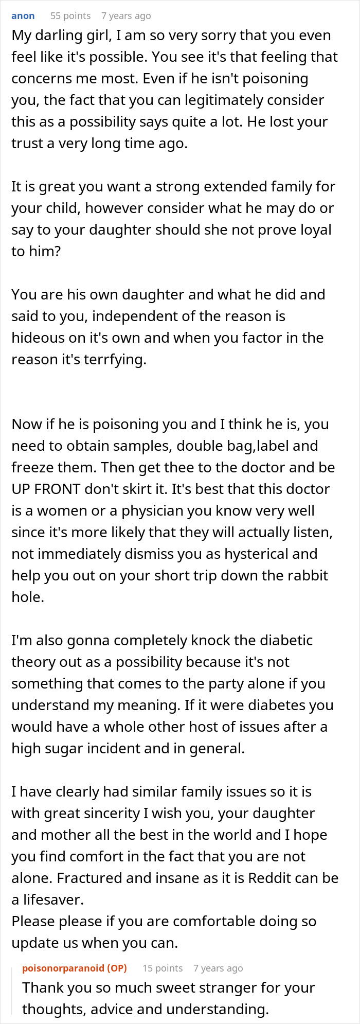A lengthy Reddit comment expressing concern for the woman's health and suggesting she obtain samples if she suspects her dad is tampering.