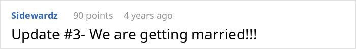 A screenshot from an online forum where a user shares an update: We are getting married! after spouses sleeping together. A screenshot from an online forum where a user shares an update: We are getting married! after spouses sleeping together.