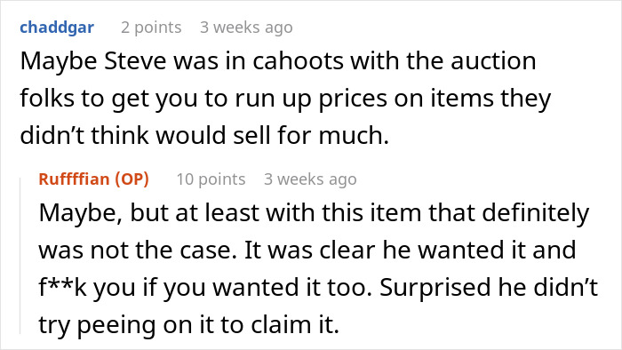 A Reddit comment speculating about a man's charity auction tactics and the guest's successful bid. A Reddit comment speculating about a man's charity auction tactics and the guest's successful bid.