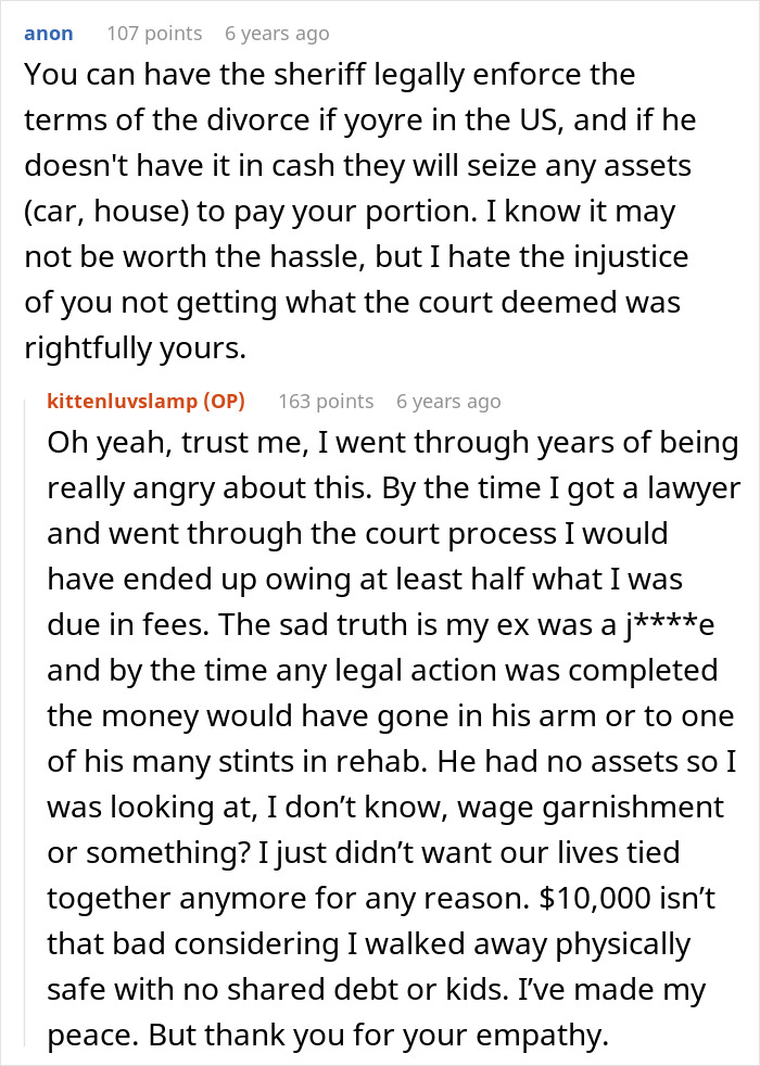 Screenshot of a comment thread discussing the legal options for the woman regarding her divorce and ex-MIL's demands. Screenshot of a comment thread discussing the legal options for the woman regarding her divorce and ex-MIL's demands.