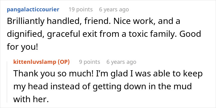 Screenshot of a Reddit comment praising the woman for handling the ex-MIL gift situation with dignity and grace. Screenshot of a Reddit comment praising the woman for handling the ex-MIL gift situation with dignity and grace.