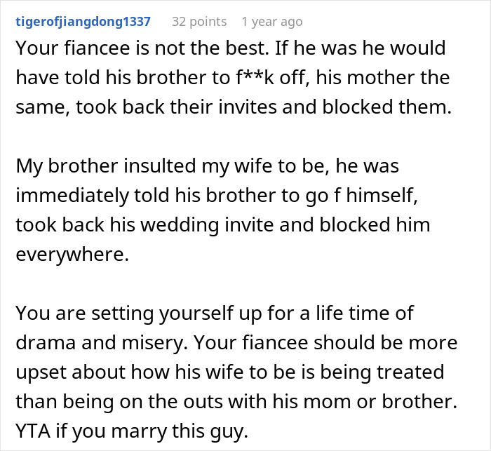 A screenshot of a comment about a wedding dispute, advising the user to block problematic in-laws and noting that the fiance is not the best. A screenshot of a comment about a wedding dispute, advising the user to block problematic in-laws and noting that the fiance is not the best.