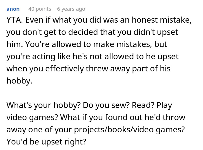 A comment on a social media post, discussing a woman's decision to disregard her partner's boundaries in his house.