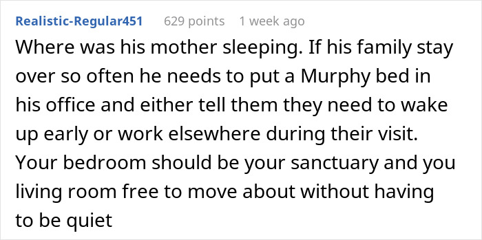 A comment suggesting solutions for family visits, defending the marital bed and bedroom as a sanctuary for the wife.