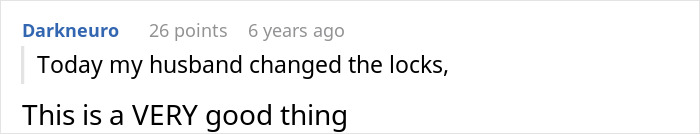 A comment about a husband changing locks, suggesting protection from Hunter's mom raiding the kitchen for meat. A comment about a husband changing locks, suggesting protection from Hunter's mom raiding the kitchen for meat.
