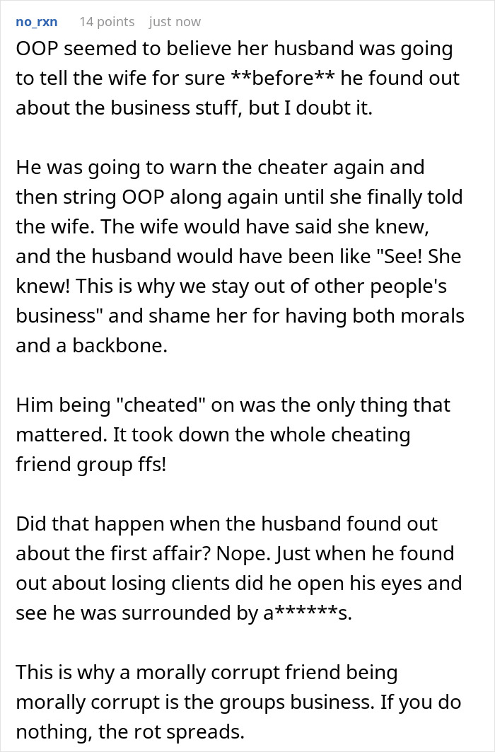 A comment discussing the group vacation affair exposure, highlighting the husband's motivation. A comment discussing the group vacation affair exposure, highlighting the husband's motivation.