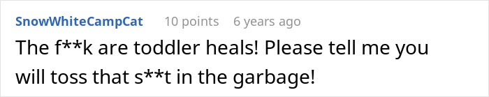 A comment about Future Grandma's plans for baby's First Christmas, questioning toddler heels and suggesting they be thrown away. A comment about Future Grandma's plans for baby's First Christmas, questioning toddler heels and suggesting they be thrown away.