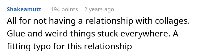 A comment using a typo, Collages instead of Colleagues, to describe the struggles in an open marriage and new rules after meeting another woman. A comment using a typo, Collages instead of Colleagues, to describe the struggles in an open marriage and new rules after meeting another woman.