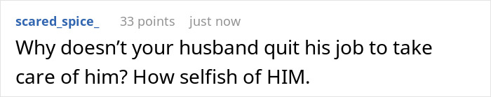 A comment asking why husband won't become primary caregiver for his orphaned nephew instead of the wife. A comment asking why husband won't become primary caregiver for his orphaned nephew instead of the wife.