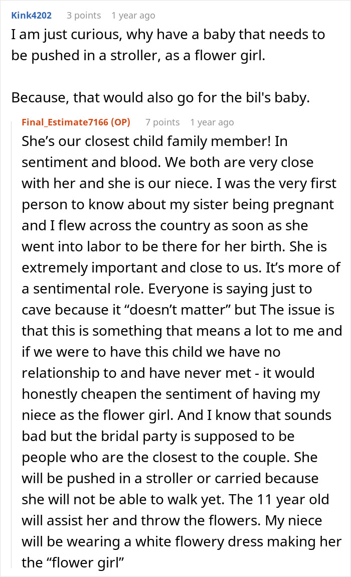 A Reddit comment explaining why a baby flower girl in a stroller is important for a family wedding dispute. A Reddit comment explaining why a baby flower girl in a stroller is important for a family wedding dispute.