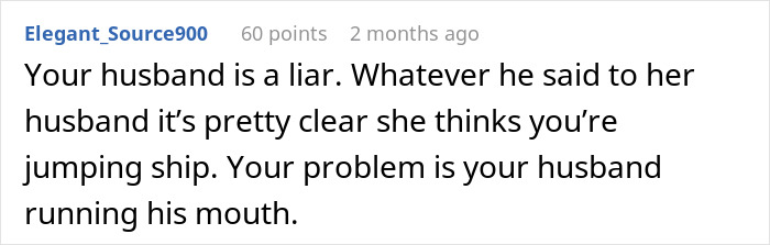 A Reddit comment stating the husband is a liar, suggesting his miscommunication caused the wife's problem with the neighbor.