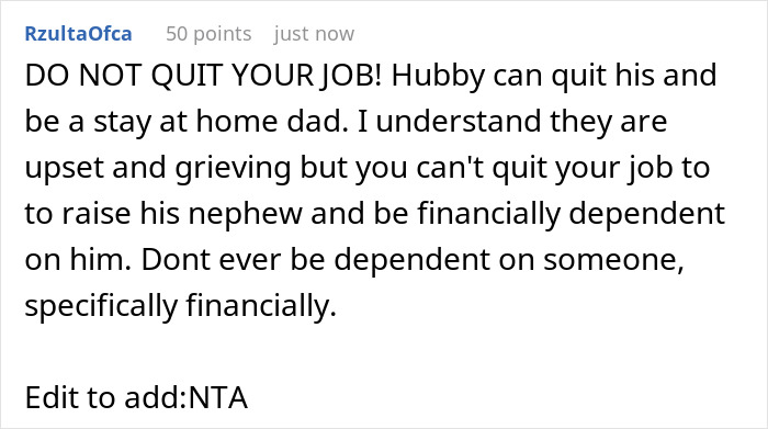 A screenshot of a comment from a user named RzultaOfca telling a wife not to quit her job for an orphaned nephew. A screenshot of a comment from a user named RzultaOfca telling a wife not to quit her job for an orphaned nephew.