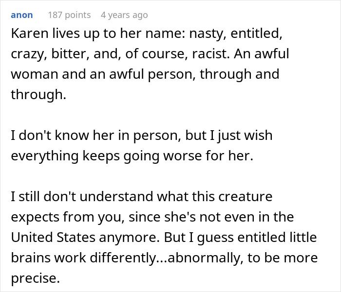 A screenshot of a comment describing Karen as nasty and entitled, reflecting on the half-sis and infertility narrative.