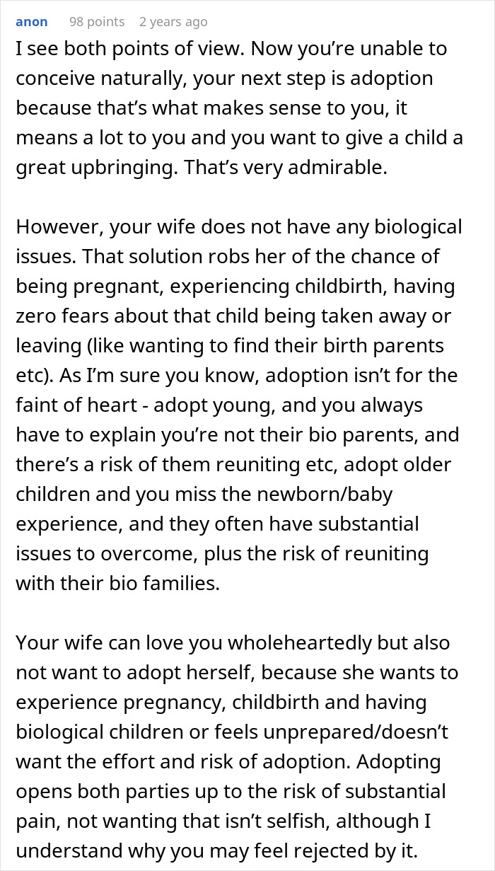 A comment discussing marriage, trying to conceive, and the wife's shocking beliefs about adoption.