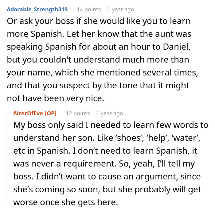 A babysitter discussing a harsh reality check after an aunt bullied her in her own language.