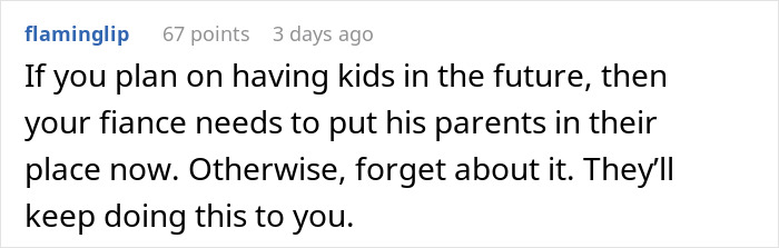 Online comment advising a Christian woman to make her fiancé address his parents' marriage advice to avoid future issues. Online comment advising a Christian woman to make her fiancé address his parents' marriage advice to avoid future issues.