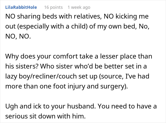 Woman discusses husband's abysmal decision making forcing her to confront in-laws and defend her marital bed.