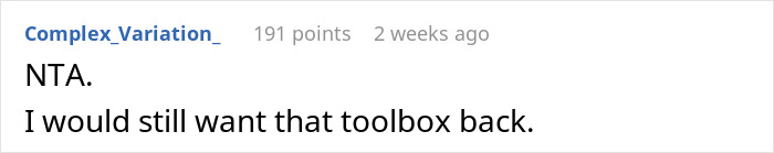 A screenshot showing a comment about the family free table tradition, wanting the toolbox back.