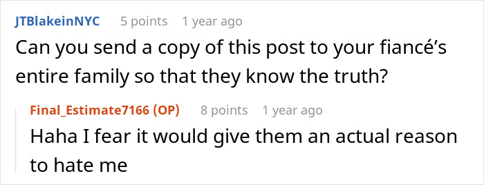 A comment suggesting sending a post to the fiancé's family about the wedding dispute. A comment suggesting sending a post to the fiancé's family about the wedding dispute.