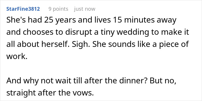 A screenshot of a Reddit comment criticizing the woman for stealing a husband and disrupting a wedding for her apology. A screenshot of a Reddit comment criticizing the woman for stealing a husband and disrupting a wedding for her apology.