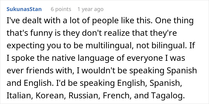 A screenshot displaying a comment from SukunasStan discussing an aunt bullying a babysitter and multilingual expectations.