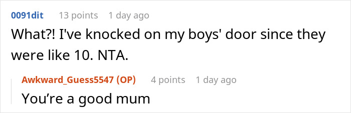 A Reddit comment where a user expresses disbelief about a controlling mom walking in on her 22YO daughter. A Reddit comment where a user expresses disbelief about a controlling mom walking in on her 22YO daughter.