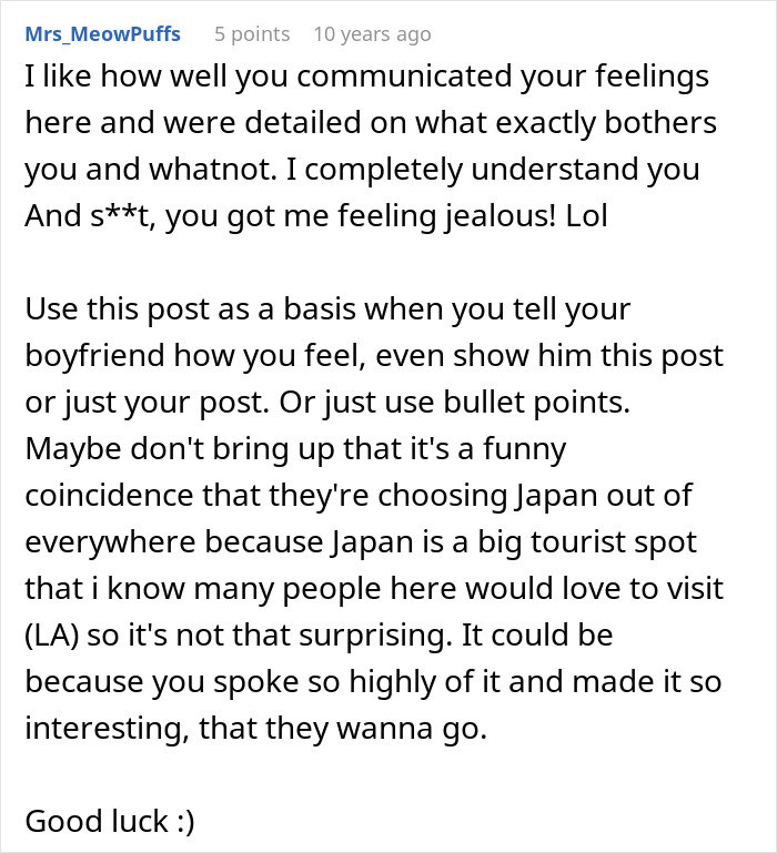A Reddit comment discussing a woman's feelings about her boyfriend's family's cruel plan to rub her dream in her face. A Reddit comment discussing a woman's feelings about her boyfriend's family's cruel plan to rub her dream in her face.