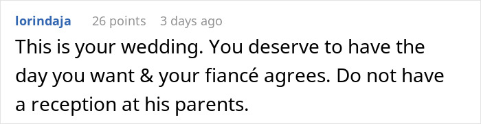 A comment on the wedding reception and marriage advice, suggesting the bride has the wedding she wants. A comment on the wedding reception and marriage advice, suggesting the bride has the wedding she wants.