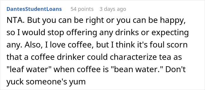 A Reddit comment discussing the DIL's coffee order and the MIL's son's demand for an apology.