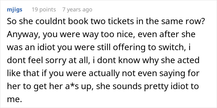A comment questioning why the mother couldn't book two plane seat tickets in the same row. A comment questioning why the mother couldn't book two plane seat tickets in the same row.