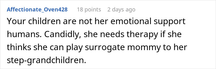 A Reddit comment regarding a woman's retirement to experience motherhood through grandkids, highlighting that children are not emotional support. A Reddit comment regarding a woman's retirement to experience motherhood through grandkids, highlighting that children are not emotional support.