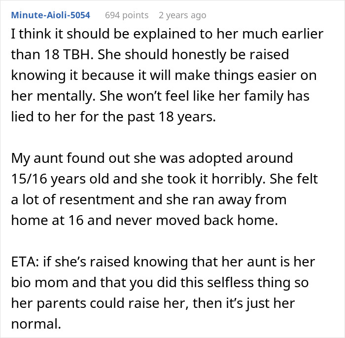 A comment about a woman helping her sister have a baby and the need to tell the truth earlier to avoid resentment. A comment about a woman helping her sister have a baby and the need to tell the truth earlier to avoid resentment.