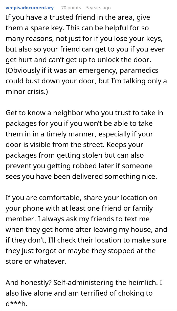 Influencer shares community and personal safety tips: spare key with trusted friend, knowing neighbors, location sharing, and Heimlich maneuver for women's safety. Influencer shares community and personal safety tips: spare key with trusted friend, knowing neighbors, location sharing, and Heimlich maneuver for women's safety.