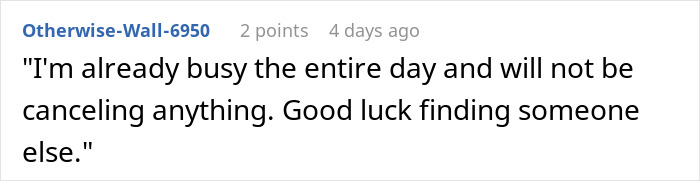 A comment on the photographer's response, stating, I'm already busy the entire day and will not be canceling anything. Good luck finding someone else.
