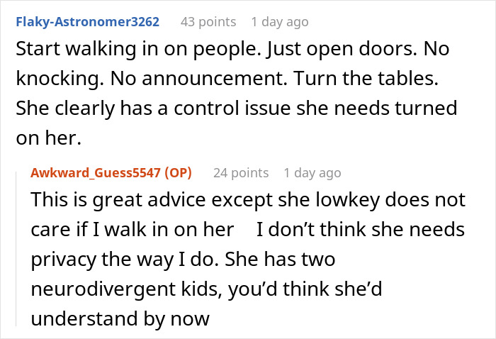A Reddit comment section discussing a controlling mom who walks in on her 22YO daughter, forbidding door locks. A Reddit comment section discussing a controlling mom who walks in on her 22YO daughter, forbidding door locks.