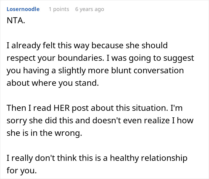 A screenshot of a Reddit comment discussing the woman's lack of respect for boundaries after moving into a guy's house.